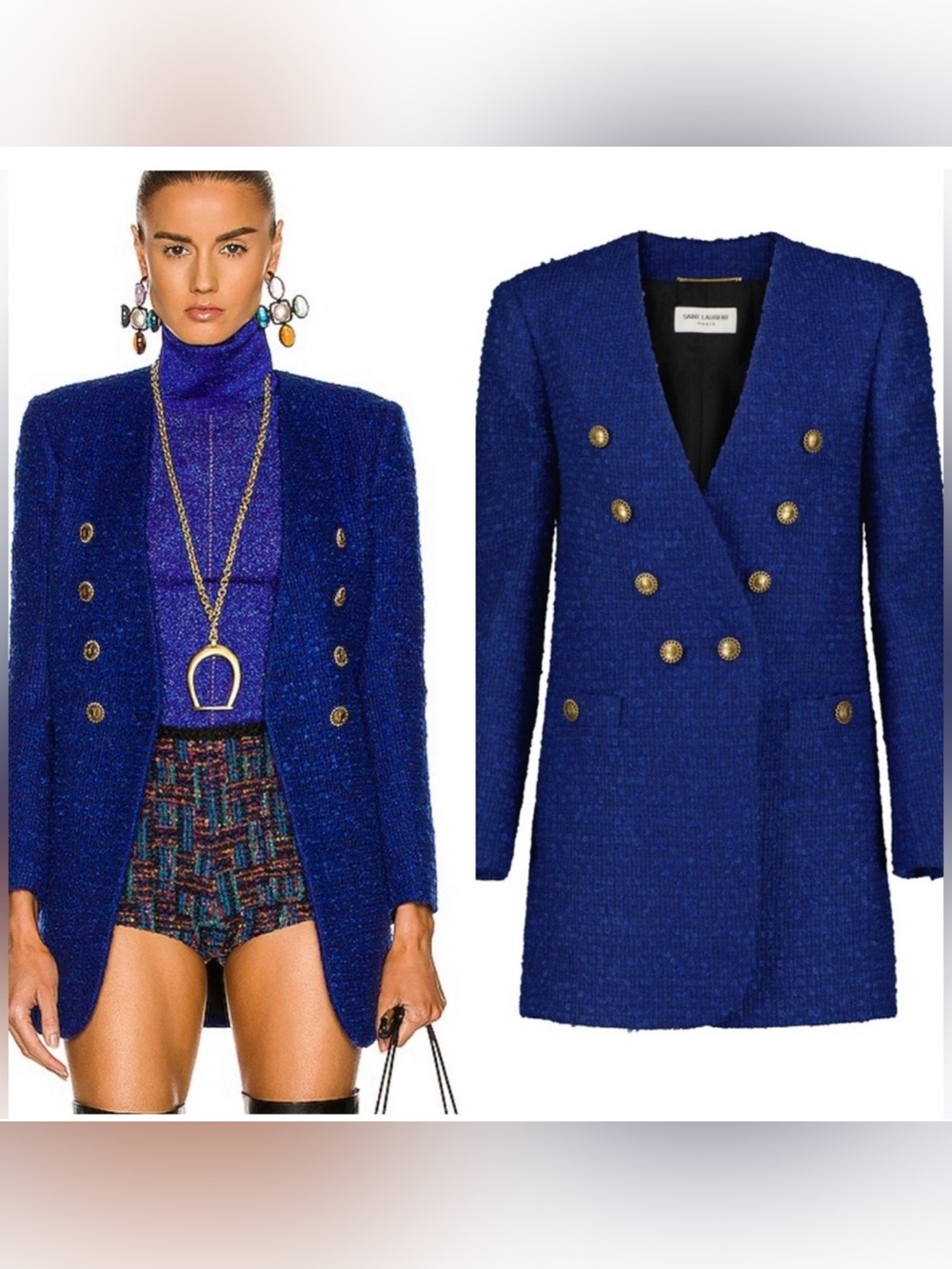 Saint Laurent long collarless blue tweed blazer jacket